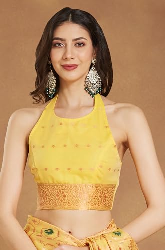 Image of Janasya Women's Light Peach Linen Blend Patola Woven Design Jacquard Saree with Blouse Piece