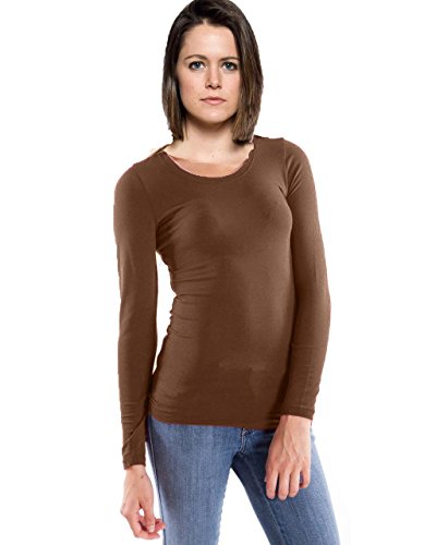 Clothes Effect Women's Plain Long Sleeve T-Shirt Crew Neck Brown Medium