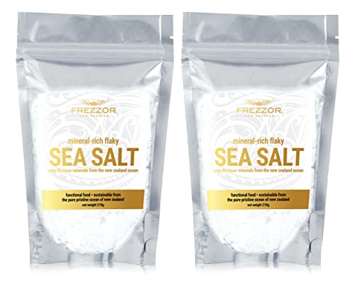 Frezzor Flaky Sea Salt, 7.4 Ounces Of Premium Gourmet Sea Salt Flakes From New Zealand, 84 Minerals & Trace Elements, 100% All-Natural, Solar & Wind Harvested Salt, No Microplastics, 2 Pouch #TOP10