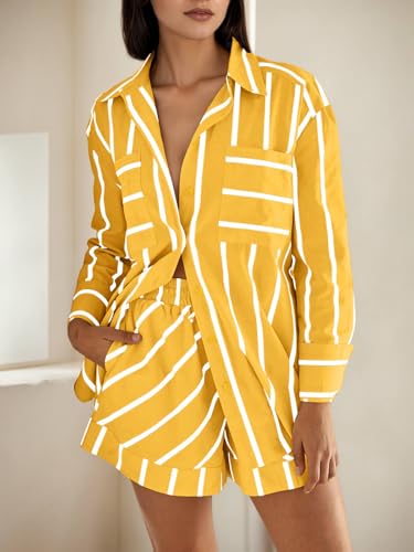 Image of Tankaneo Womens Striped 2 Piece Outfits Button Down Shirts and Shorts Lounge Matching Sets