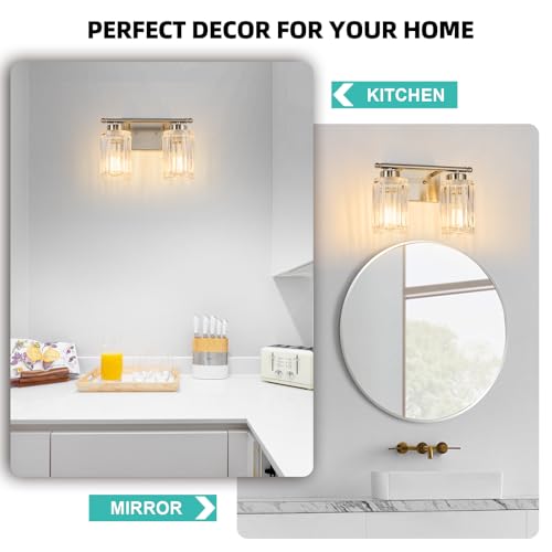 Image of 2 Light Bathroom Light Fixtures Modern Brushed Nickel 12 Inch Vanity Lights for Bathroom Lighting Fixtures Over Mirror with Thickened Glass Shade for Cabinet Mirror Bedroom Hallway