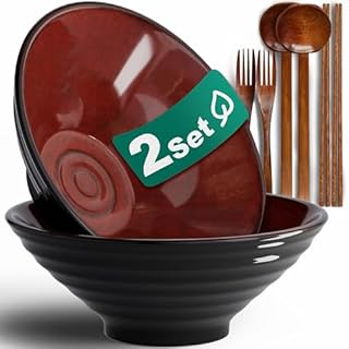 8-Inch 2 Sets Ceramic Ramen Bowl (8 Piece) - Japanese Porcelain Dishwasher Microwave Safe Salad Noodles Cereal Pasta Soup Large Bowls with Chopsticks Forks Spoons for Men Women Housewarming Gift