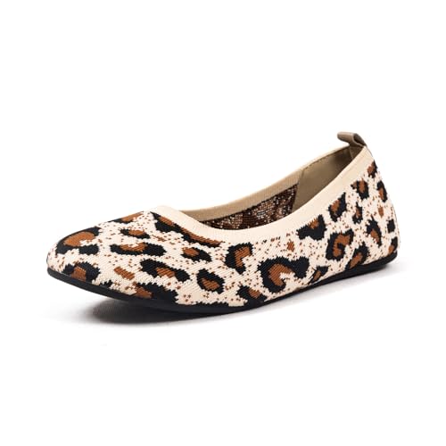 Women’s Ballet Flat Shoes Knit Shoes Round Toe Slip On Ballerina Walking Flats Shoes Black Leopard Comfortable Shoes