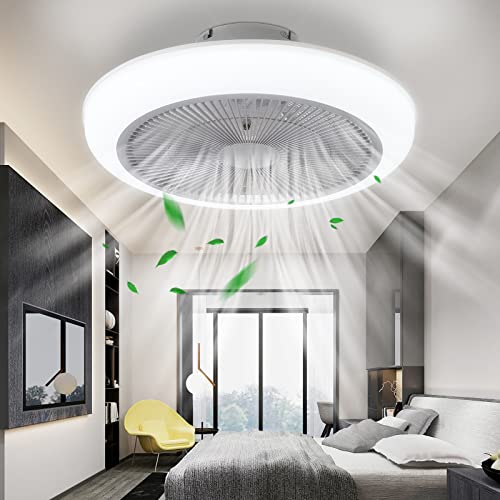Ceiling Fan With Lights Remote Control,18" Ceiling Fans with Lights,Bladeless Ceiling Fan with 3 Level Wind Speed,Low Profile Ceiling Fan with Light 3 Color,Enclosed Ceiling Fan for Home White