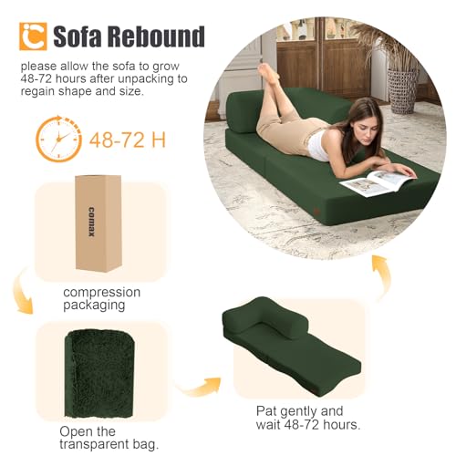 COMAX Folding Sofa Bed, Fold Out Chair Bed, Foldable Sofa, Convertible Sleeper for Adults, Futon Chair Single Small Floor Couch for Spaces, Bedroom Living Room Guest Room, Green