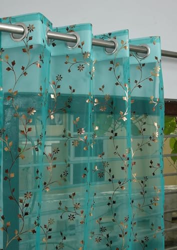 Image of littlelotus Floral Print Tissue Net Sheer Transparent Grommet Curtains for Door 7 feet Long Set of 2, Turquoise