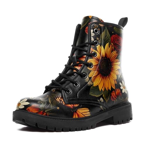Women's Mid-Calf Combat Boots Leather Lace-Up Booties with Artistic Mushroom and Floral Patterns for Hiking,Daily Wear