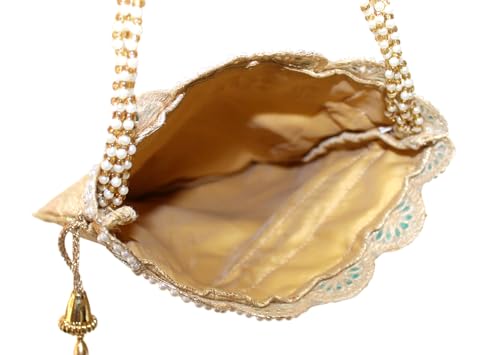 Image of MILAN'S CREATION Pure Banarasi Potli Silk Brocade Bag Purse Drawstring Women's handbag with Pearl Handle & Tassel Weddings