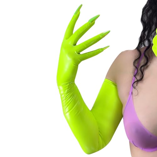 DooWay Shiny Fluorescent Green Latex Nails Gloves Super Long 28" 70CM Thin Stretch Faux PU Leather Rubber Halloween Evening Party Fashion Costume Cosplay Claw Glove