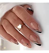 24Pcs Line French Press on Nails Almond Shiny Starry sky Fake Nails Black Lines Stripes Acrylic N...