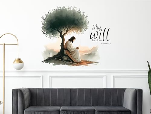 Image of Jesus Christ Wall Sticker | Thy Will Be Done Bible Verse Wall Art | Christian Vinyl Decal for Living Room, Prayer Room & Church Decor