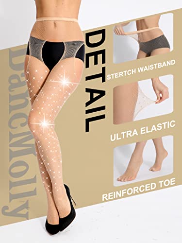 Dancmolly Sparkle Rhinestone Fishnet Stockings, 20 Solid Color Women's Glitter Crystal Tights, 1 Pair (Tan - Suspender, M-Xl) #TOP3