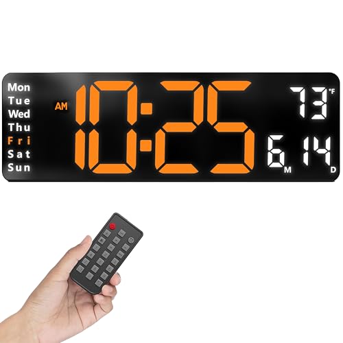 Image of Opis Clock 1 (XL 13'' Orange & White): The Colorful Retro Rectangular Digital Wall Clock, Digital Clock Wall, Digital Clock: Date and Day of Week, Wall Clock with Temperature, Timer and Counter