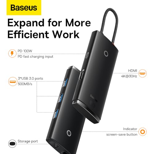 Image of Baseus Lite Series 5-in-1 Type-C Hub | HDMI 4K, 3x USB 3.0, 100W PD | Docking Station for MacBook, Windows & Type-C Laptops (Black)
