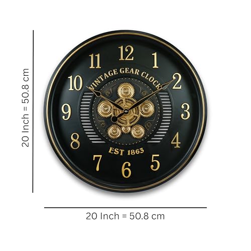 Image of STAR WORK Vintage Gear Wall Clock Industrial Rustic Farmhouse Classic Style Mechanical Charm Perfect for Living Room Bedroom Office or Entryway Decor (Black -20 INCH)