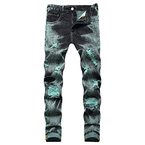 Men's Ripped Skinny Jeans Vintage Distressed Straight Leg Denim Jeans Casual Destroyed Hip Hop Biker Jean Pants (Green,32)