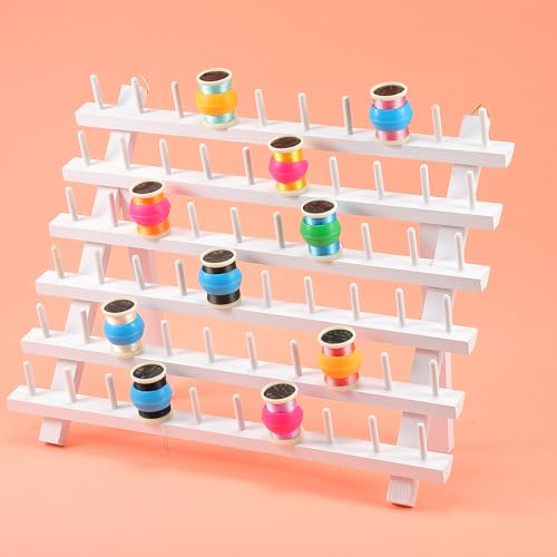 Image of Yookeer 60 Spools Wooden Thread Rack and 48 Pcs Thread Spools Savers /Spool Huggers with Hanging Hooks for Sewing Quilting Embroidery Machine Needlecraft Supplies(White)
