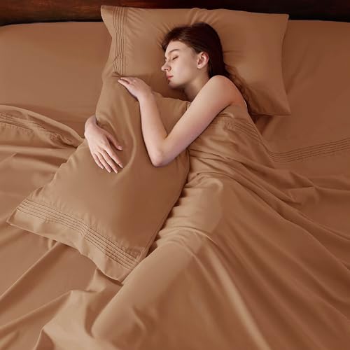 Image of Bedsure Deep Pocket Queen Sheets Set - Fits Mattresses Up to 21 Inches Thick - 4 Piece GentleSoft Bed Sheets, Moisture Wicking, Soft & Cooling Bedsheet & Pillowcases, Easy & Secure Fit, Orange