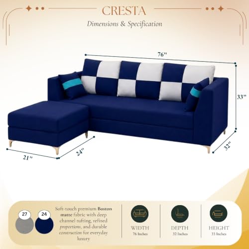 Image of FURNY Signature Cresta 4-Seater L-Shape Sofa Set with Movable Ottoman | Flexible LHS /RHS Layout | Boston Fabric | 40D Foam + Zigzag Spring | 3-Yr Warranty (Midnight Blue, Light Grey)