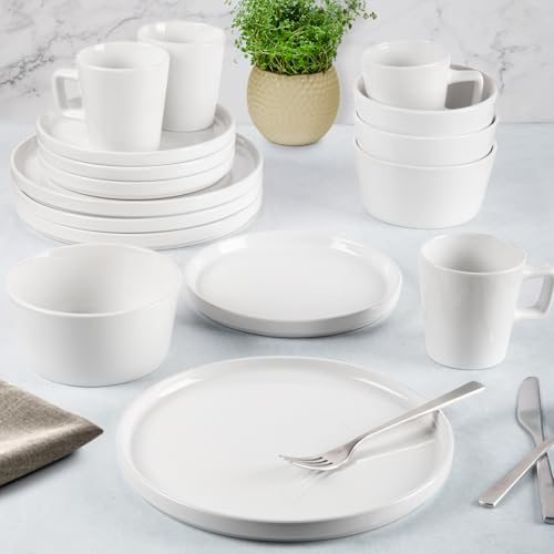 Image of Zulay Kitchen Terra Plates and Bowls Sets, 16 Piece Modern Stoneware Dish Set for 4, Chip and Scratch Resistant Ceramic Dinnerware Set, Microwave and Dishwasher Safe, White