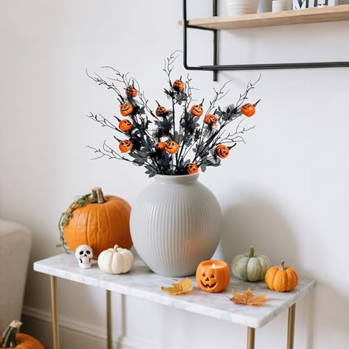 CATCHLUCK Kürbis Dekoration Zweige 5er-Set, Halloween Kunstblumen Kürbis Decorative Herbstdeko Kunstblumen mit Schwarzen Blumen Halloween Party