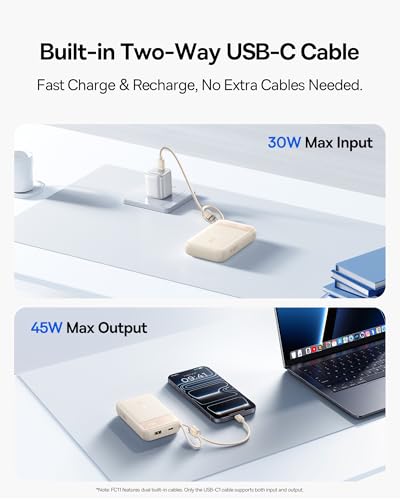 Image of Baseus 20000mAh Compact Portable Charger 45W, CCC Certified Power Bank Built-in USB-C Cables, Travel Essential PD Fast Charging Battery Pack for iPhone 17 /16 Series Galaxy S25 /S24 Ultra Google iPad