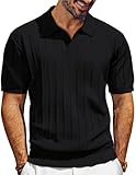 PJ PAUL JONES Mens Polo Shirts Short Sleeve Textured Knit Golf Shirts Collared V Neck Polo Shirts Black