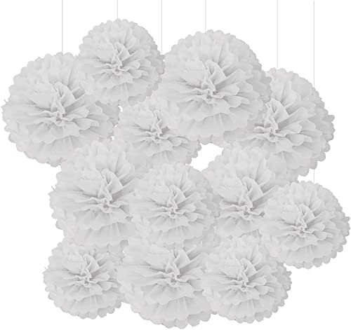 STARVA ST 30 Pcs Pompons Papier Blanc, Papier de Soie Pompons Papier Fleur, Pompon Boule à Suspendre pour Fêtes, Anniversaire, Mariage et Noël - Assortiment de Tailles (8", 10", 12")