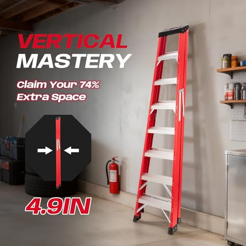 Image of Fiberglass Ladder, Single-Sided Stepladder for Electrical Engineering Ladder Construction with a Load Capacity of 330 pounds (7 Steps-Red)
