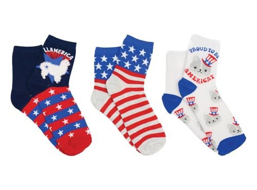 Everything Legwear Americana Quarter Crew Socks (3 Pair) - Fits Ladies Shoe Size 4-10