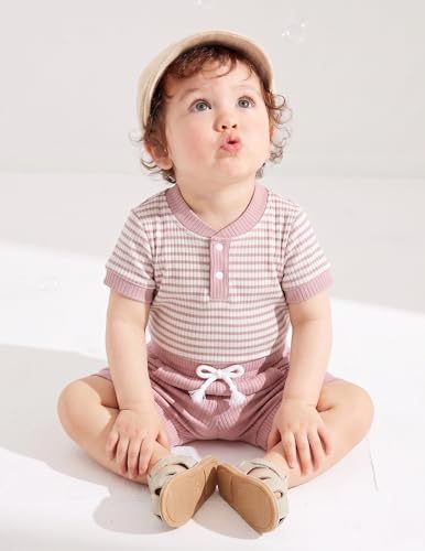 Hihosdor Baby Boy Clothes Ribbed Short Sleeve Striped Romper Top Solid Color Shorts Set with Pockets Baby Boy Summer Outfits, Pink, 12-18 Months — view 5