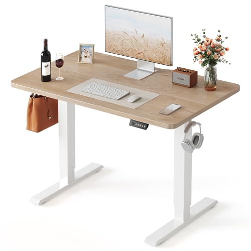 Image of FEZIBO 40 x 24 Inchs Electric Standing Desk, Height Adjustable, Sit Stand Up, Computer Office Desk with Splice Board, White Frame /Maple Top