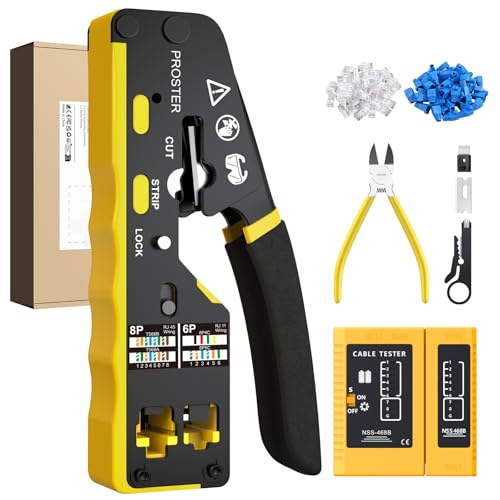 Proster Crimpadora RJ45 para Cable CAT6 y Teléfono 6P con Pelacables, Tijera y Tester - Kit Completo para Redes Profesionales y Hogar