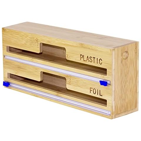 2 in 1 Plastic Wrap Dispenser with Slide Cutter, Bamboo Foil Dispenser with Cutter Suitable for Plastic Wrap, Aluminum Foil and Wax Paper, Kitchen Drawer, Compatible with 12" Roll Cover