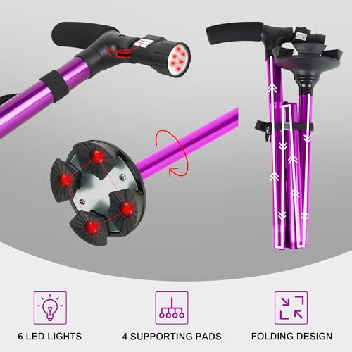 Klappbarer Hund mit LED-Licht für Senioren, Einstellbarer Fußrohr für das Gleichgewicht, Stock für Senioren mit Griff Kissen T und Basis Quad schwenkbar