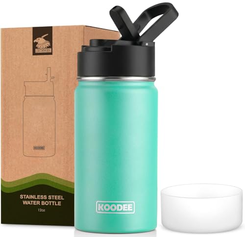 Image of koodee Water Bottle-12 oz Stainless Steel Double Wall Vacuum Insulated Water Bottle for School-Wide Mouth Flask with Straw Lid (Teal)