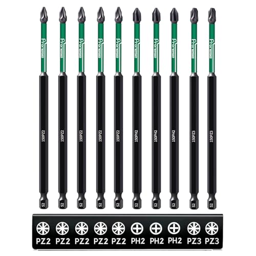 Pronese 10 pcs 150 mm PZ2 & PH2 & PZ3 Magnetic Impact Driver Bits Long S2 Steel Magnetic Drill Bits