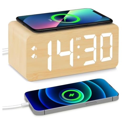 Wood Digital Alarm Clock with 10W Fast Wireless Charger, USB Charging Ports, DST, Dimmable, Snooze, Large Number LED Display for Bedrooms, Desk, Living Room Table, Bedside, Nightstand (Bamboo)