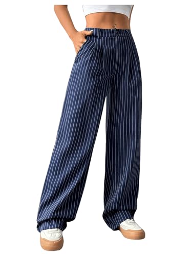 OYOANGLE Women's Striped Buttoned Zipper Fly Trousers High Waisted Straight Leg Casual Suit Pants