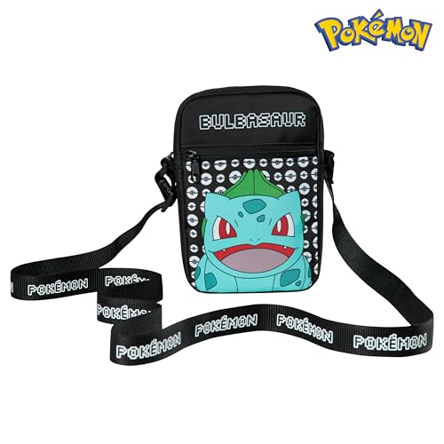 Pokemon Kinder Umhängetasche, Pikachu Reisetasche mit Verstellbarer Schultergurt, Großes Hauptfach mit Reißverschluss Kinder Geschenke (Schwarz Bulbasaur)