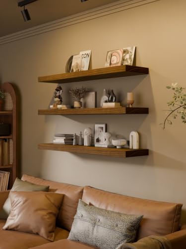 Image of 48in Floating Shelves, 3-Pack 12in Deep Wall Shelf | Solid Paulownia Wood, walnut-tone finish, hidden brackets, space-saving storage for kitchen living room bedroom bathroom