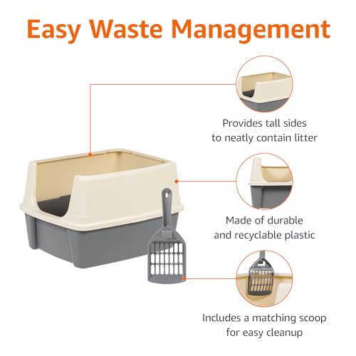 Image of Amazon Basics Large Cat Litter Box with High Sides, Open Top for Easy Access, Includes Scoop with Storage, 19 inch x 15 inch x 11.75 inch, Grey /Beige
