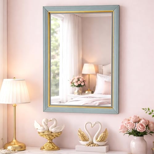 Image of Rousrie Premium Framed Glass Wall Mount Mirror, Decorative, for Bathroom, Bedroom, Living Room and Entryway, Wash Basin (14 by 20 Inch) (Golden Blue)