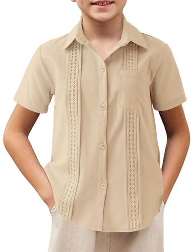 Boys Guayabera Shirt Short Sleeve Button Down Casual Shirt with Chest Pockets for Summer Hawaiian Holiday 4-13Y4