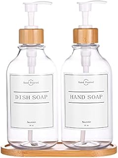 2 Pack Soap Dispenser Bottle with Pump, 16Oz Hand Soap Bottle Set for Bathroom and Kitchen with Bamboo Pump Soap Tray, Dish Soap, Lotion and Conditioner, Shampoo Bottles with Waterproof Labels(Clear)