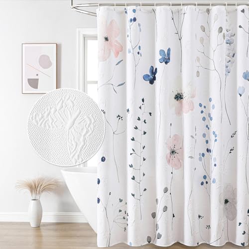 Image of QiyI Watercolor Floral Shower Curtain, 3D Embossed Butterflies Pink Blue Bathroom Curtain, Minimalist Farmhouse White Bath Curtain, Waterproof Fabric Flower Shower Curtain Set with Hooks, 72x72
