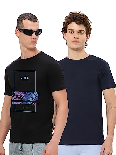 Bewakoof Men's Printed Regular Fit Half Sleeve Round Neck Cotton Jersey T-Shirt (Pack of 2)