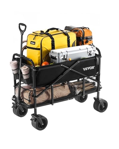 VEVOR Double Decker Wagon Collapsible, 300L Heavy Duty Folding Wagon Cart, Extended Long Garden Cart with All-Terrain Wheels, Support Up to 450lbs, Outdoor Utility Wagon for Camping, Sports, Shopping
