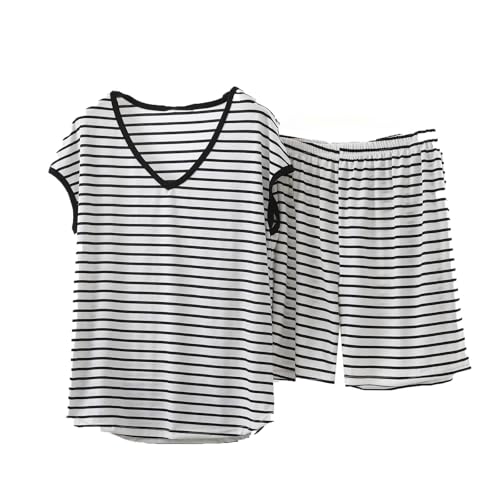 2 Piece Lounge Set for Women Stripe Short Sleeve T Shirts Shorts Casual Summer Loungewear Shorts Sets Pajamas Sets Black