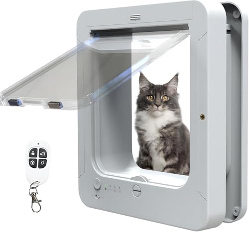 Puerta de microchip para gatos, entrada selectiva, incluye 2 collares de sensor y control remoto, tamaño de apertura: 7 7/8 pulgadas x 7 1/2 pulgadas, para gatos y perros pequeños